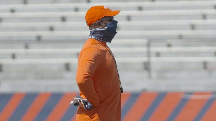 Illinois head coach Lovie Smith said Saturday his staff was informed by the Big Ten Conference about 90 minutes before the team's third preseason practice time that the Illini couldn't be in shoulder pads until further notice.